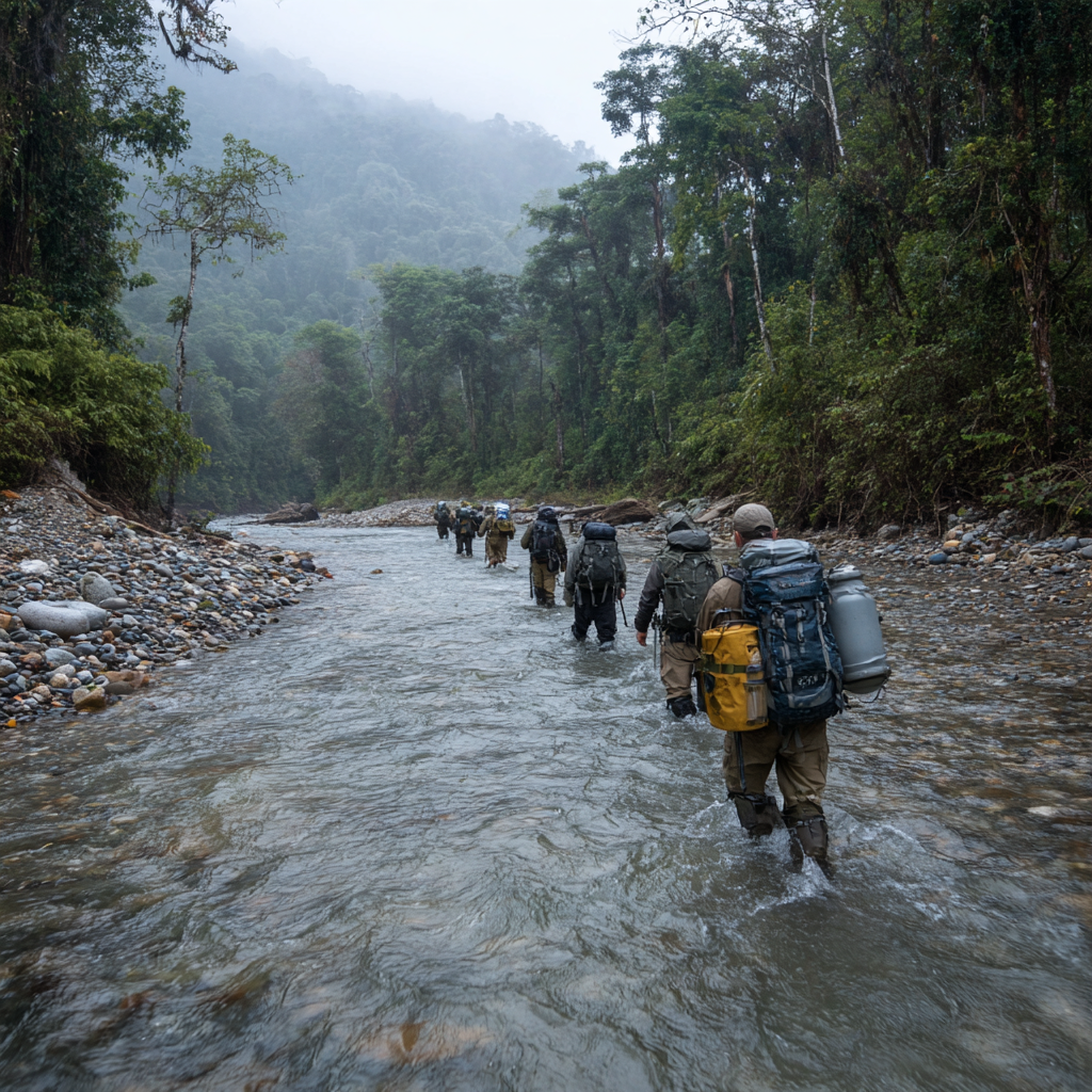 Travelers hiking through Travello Spaceian rainforest